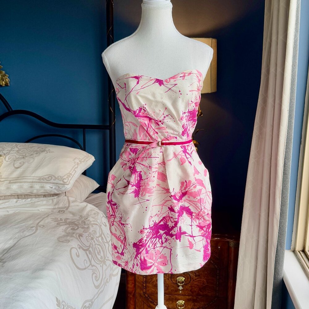 Alexia Admor 100% Silk White with Pink Floral Splatter Design Mini Party Dress